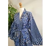 Accappatoio lungo in cotone patchwork blu indiano kimono pigiama da notte abi...