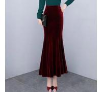 Accarugty Gonna da donna a sirena in velluto rosso vino a vita alta lunga | Fit Bodycon Party Sera Maxi Casual Inverno Cena Formale