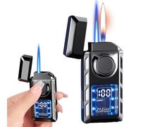 Accendino a doppia fiamma in metallo, ricaricabile, tipo C, con luci a LED, movimento antivento, con camera d'aria visibile per regali di campeggio (nero)