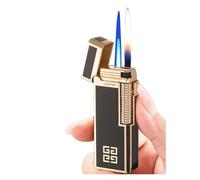 Accendino a doppia fiamma in metallo stretto, accensione con mola laterale retrò, fiamma jet antivento, accendino portatile ultrasottile, adatto come regalo for uomo (oro)(Black)