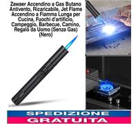 Accendino a Gas Butano Antivento Ricaricabile a Fiamma Lunga, Nero (Senza Gas)
