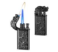 Accendino antivento a doppia fiamma con motivo a drago in rilievo, fiamma regolabile, corpo in metallo portatile, adatto sia for uso interno che esterno.(Black)