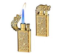 Accendino antivento a doppia fiamma con motivo a drago in rilievo, fiamma regolabile, corpo in metallo portatile, adatto sia for uso interno che esterno.(Gold)