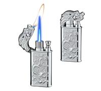Accendino antivento a doppia fiamma con motivo a drago in rilievo, fiamma regolabile, corpo in metallo portatile, adatto sia for uso interno che esterno.(Silver)