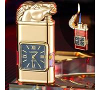 Accendino antivento con orologio vintage con castone, torcia a getto di fiamma, accendino a doppia fiamma da uomo e morbido, accendino vintage con animali a forma di cavallo/tigre/drago, ricaricabile,
