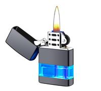 Accendino antivento in metallo a fiamma morbida, butano, con luce blu, camera a gas trasparente, accensione tramite mola, regalo for uomo (butano non incluso)(Black)