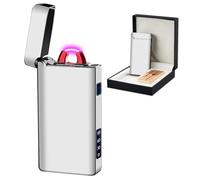 Accendino elettrico antivento, ricaricabile, design ad arco al plasma, ricarica USB, indicatore di batteria digitale, indispensabile per sopravvivenza, escursionismo e barbecue, argento satinato