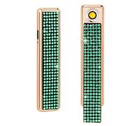 Accendino elettronico con strass, antivento, senza fiamma, ricaricabile tramite USB, per casa, cucina, champagne, verde chiaro