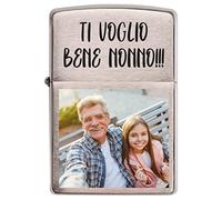 Accendino Modello Zippo a Benzina - Personalizzato con Stampa Incisione di Foto, Immagine, Testo, Logo, iniziali, Nomi. Gadget Idea Regalo Originale per Natale per Lui e lei, fidanzati (Argento)