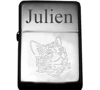 Accendino tempesta con incisione personalizzata, testo + disegno a scelta (qui gatto). Disponibile in argento e nero