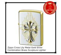 Accendino Zippo Croce Giglio Metallo Oro Argento Combinazione Ottone Scultura...