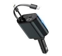 Accendisigari 4 in 1 USB C, 66 W, adattatore per auto con cavo retrattile di tipo C/USB A, indicatore di tensione, accessorio per auto per iPhone 16/15/14/13, Samsung S24/S23, iPad