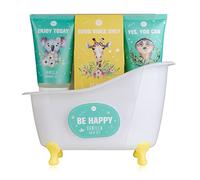 Accentra BE HAPPY - Set da bagno e doccia con profumo di vaniglia, set regalo per il relax per le donne, per il compleanno o per Natale, set regalo e cura da 5 pezzi con mini vasca da bagno decorativa