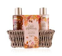 Accentra COSY MOMENTS - Set da bagno da donna, 3 pezzi, con gel doccia, lozione per il corpo e spugna a rete, fragranza albicocca, set regalo per compleanno, festa della mamma e Natale