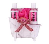 Accentra Cosy Moments - Set da bagno e doccia da 4 pezzi, con mini vasca da bagno decorativa per donne, set per la cura di colore rosa con gel doccia, bagno schiumoso, bomba da bagno e spugna a rete