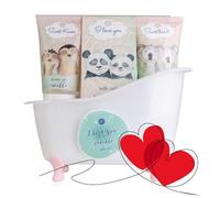 Accentra - I Love You Set da bagno e doccia con profumo di vaniglia - Set regalo per donne per compleanno e San Valentino - Set per la cura del benessere 5 pezzi con mini vasca decorativa