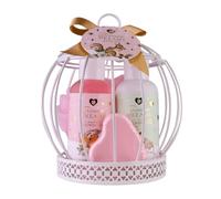 Accentra Set bagno ROMANTIC DREAMS in gabbietta con 125 ml docciaschiuma, 125 ml lozione corpo, 35 g bomba da bagno, 15 g spugna rete, regalo donna Natale, profumo rosa tè & velluto, rosa/oro