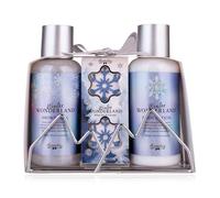 Accentra Set bagno WINTER WONDERLAND in cesto metallico con 100 ml docciaschiuma, 100 ml lozione corpo, 2 x 25 g bombe da bagno, regalo donna Natale, profumo tè bianco & cocco, blu/bianco/argento