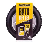 Accentra Set da bagno Bath + Body Toolkit da uomo, custodia rigida a forma di pneumatico, set regalo con gel doccia da 160 ml, peeling a mano, fragranza sandalo e muschio, idea regalo per la festa del