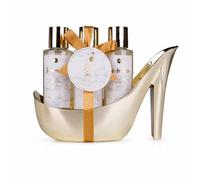 Accentra set da bagno donna MARBLE GOLD scarpa oro bianco Golden Jasmine | Idea regalo elegante per lei, contenitore a tacco decorativo, flaconi coordinati, coccole di relax personali e pause curate