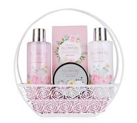 Accentra Set da bagno DREAM OF FLOWERS in cestino metallico con manico, con gel doccia, lozione per il corpo, sali da bagno e peeling per il corpo, set regalo per compleanno, San Valentino o festa