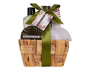Accentra Set da bagno OLIVE SPA, 150 g sali da bagno in cesto marrone | Set regalo beauty con gel doccia, lozione corpo, cristalli, spugna a rete e cestino in erba marina, look naturale ordinato
