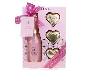 Accentra Set da bagno SALSA ESSENCE OF BEAUTY per donne, schiuma in bottiglia di champagne, 3 bombe da bagno, fragranza Rosa e Fiore di Ciliegio, scatola regalo, lusso per donne