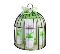 Accentra - Set da doccia da donna ALOE VERA in gabbia per uccelli, set da bagno da 5 pezzi con gel doccia, lozione per il corpo, sapone, crema per le mani, spugna a rete - set benessere donne, ragazze