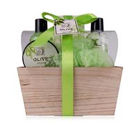 Accentra - Set da doccia da donna Olive in una bella scatola di legno, set per la cura di 5 pezzi con gel doccia, lozione per il corpo, sali da bagno, scrub per il corpo e spugna a rete, set regalo