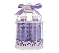 Accentra Set da doccia da donna, set regalo alla lavanda in un bel cestello metallico, set per la cura di 4 pezzi con gel doccia, lozione per il corpo, bagno schiumoso e molto altro ancora. Set regalo