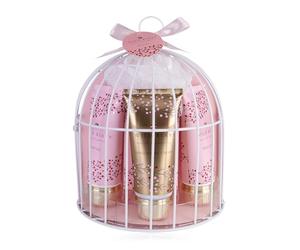 Accentra - Set doccia da donna Wild Berry in bella gabbia per uccelli, 5 pezzi, regalo con gel doccia, lozione per il corpo, sapone, crema per le mani e spugna a rete - Set benessere per donne e