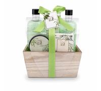 Accentra Set regalo da donna Olive in una bella scatola di legno, set per la cura di 5 pezzi con gel doccia, bagno schiumoso, lozione per il corpo, scrub per il corpo e sali da bagno, set regalo