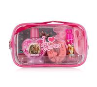 Accentra Set regalo I Love Horses per ragazzi e ragazze in sacchetto cosmetico, con bagno di schiuma, sapone, balsamo per labbra con delizioso profumo di fragola e una spugna