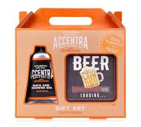 Accentra Set regalo MEN'S COLLECTION per uomini, set di cura con 60 ml di gel da bagno e doccia e 2 coperchi per birra (rettangolari), profumo ambra, confezione regalo in carta kraft per compleanno e
