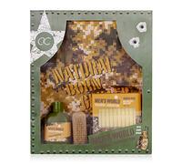 Accentra - Set regalo Men's World, Born to Grill per uomini, gel doccia, sapone a forma di munizione, spazzola in legno e grembiule