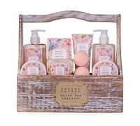 Accentra Set regalo SECRET GARDEN, set bagno donna con 240 ml gel doccia e 240 ml bagnoschiuma, cofanetto regalo bagno donna in scatola di legno bianca con manico, idea regalo cura corpo per lei