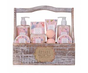 Accentra Set regalo SECRET GARDEN White Tea e Apricot 100 g sali da bagno | Cassetta in legno con manico, idea benessere femminile, accessori cura corpo per doccia, vasca, mani, pausa relax quotidiana