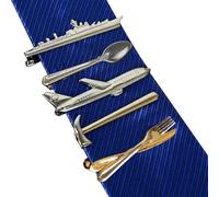 Accessori alla moda per uomo: set di 5 fermacravatta decorativi - disegni di aeromobili, cucchiaio e aereo, con chiusura a pressione per un look lucido, Misura unica, Cotone, Nessuna pietra preziosa