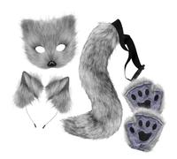 Accessori Animali 4 Pezzi Nero,Halloween Donna Cosplay,con Maschera,Orecchie,una Coppia Carino Guanti a Zampa e Peloso Coda,per Natale,bdsm,Feste,Momenti Intimi e (Dark Gray, One Size)