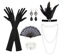 Accessori anni '20, set di 6 accessori 1920, costume da donna anni '20, accessori da donna Great Gatsby, con fascia a fiocco, guanti, collana di perle, accessori di scena per ballo di fine anno
