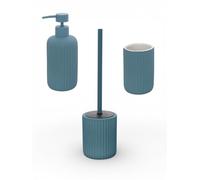 Accessori Bagno in Ceramica Linea Color Blu Pastello Soft-Touch - Set Bagno Moderno con Design Cannettato, Varianti Dispenser Sapone, Portaspazzolino e Portascopino WC (set completo)