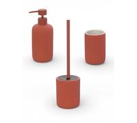 Accessori Bagno in Ceramica Linea Color Rosso Mattone Soft-Touch - Set Bagno Moderno con Design Cannettato, Varianti Dispenser Sapone, Portaspazzolino e Portascopino W (set completo)
