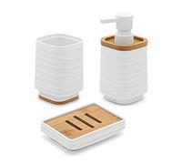 Accessori Bagno in Set Completo 3 Pezzi Bianco, Kit Accessori appoggio, Include Dispenser, portaspazzolini e portasapone, in ABS e bambù Linea Wave (Set 3)