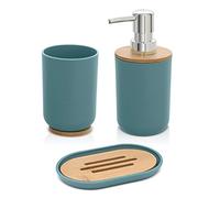 Accessori Bagno in Set Completo 3 Pezzi Colore Acquamarina, Kit Accessori appoggio, Include Dispenser, portaspazzolini e portasapone, ABS e Legno bambù, Linea Surf