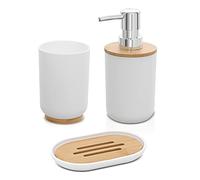 Accessori Bagno in Set Completo 3 Pezzi Colore Bianco, Kit Accessori appoggio, Include Dispenser, portaspazzolini e portasapone, ABS e Legno bambù, Linea Surf