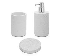 Accessori Bagno in Set Completo 3 Pezzi Effetto Pietra Bianco, Kit Accessori appoggio, Include Dispenser, portaspazzolini e portasapone in Resina (Set 3)