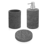 Accessori Bagno in Set Completo 3 Pezzi Effetto Pietra Grigio, Kit Accessori appoggio, Include Dispenser, portaspazzolini e portasapone in Resina (Set 3)