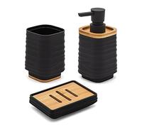 Accessori Bagno in Set Completo 3 Pezzi Nero, Kit Accessori appoggio, Include Dispenser, portaspazzolini e portasapone, in ABS e bambù Linea Wave (Set 3)