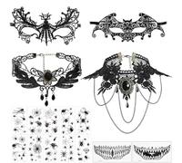 Accessori Carnevale, Gioielli Gotici Accessori Anni 20 Costume Carnevale Donna, Carnevale Nera Collane+Maschera in Pizzo Nero, 10 Tatuaggi e 2 Adesivi per la Bocca,Costumi Carnevale per Feste a tema