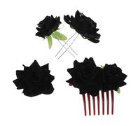 Accessori Chioma Rosa Nera con Pettine a Sette Denti e Spille | Fiore con Finitura Nera Elegante, Fermagli a U e Spilla, per Cerimonie e Abiti Formali